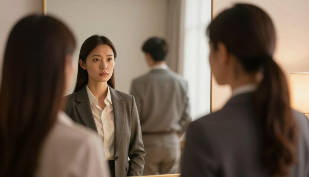 A serene and introspective scene illustrating the concept of self-worth. In the foreground, a woman in professional business attire stands confidently, looking into a mirror that reflects her image surrounded by soft, golden light, symbolizing inner strength. Her expression is one of determination and self-acceptance. In the middle ground, a blurred, shadowy figure representing a toxic partner looms, creating a contrast with the woman’s light. The background features a beautifully lit room with gentle pastel colors, evoking a sense of calm. The lighting is warm, with a slight spotlight effect on the woman, enhancing the motif of self-empowerment amidst adversity. The overall atmosphere conveys resilience and hope, emphasizing the theme of reclaiming self-worth. A serene and introspective scene illustrating the concept of self-worth. In the foreground, a woman in professional business attire stands confidently, looking into a mirror that reflects her image surrounded by soft, golden light, symbolizing inner strength. Her expression is one of determination and self-acceptance. In the middle ground, a blurred, shadowy figure representing a toxic partner looms, creating a contrast with the woman’s light. The background features a beautifully lit room with gentle pastel colors, evoking a sense of calm. The lighting is warm, with a slight spotlight effect on the woman, enhancing the motif of self-empowerment amidst adversity. The overall atmosphere conveys resilience and hope, emphasizing the theme of reclaiming self-worth.