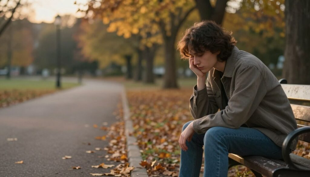 A serene and introspective scene illustrating the emotional challenges after a breakup. In the foreground, a person in modest casual clothing sits on a park bench, gazing thoughtfully at the ground, with a subtle expression of sadness and contemplation. In the middle ground, soft focus on a path with fallen leaves, symbolizing change and transition. In the background, trees with autumn colors create a warm but melancholic atmosphere. The lighting is soft, with warm golden hues of a setting sun casting gentle shadows, enhancing the mood of reflection and vulnerability. The composition conveys a sense of solitude and emotional depth, inviting the viewer to connect with the complexity of post-separation feelings. A serene and introspective scene illustrating the emotional challenges after a breakup. In the foreground, a person in modest casual clothing sits on a park bench, gazing thoughtfully at the ground, with a subtle expression of sadness and contemplation. In the middle ground, soft focus on a path with fallen leaves, symbolizing change and transition. In the background, trees with autumn colors create a warm but melancholic atmosphere. The lighting is soft, with warm golden hues of a setting sun casting gentle shadows, enhancing the mood of reflection and vulnerability. The composition conveys a sense of solitude and emotional depth, inviting the viewer to connect with the complexity of post-separation feelings.
