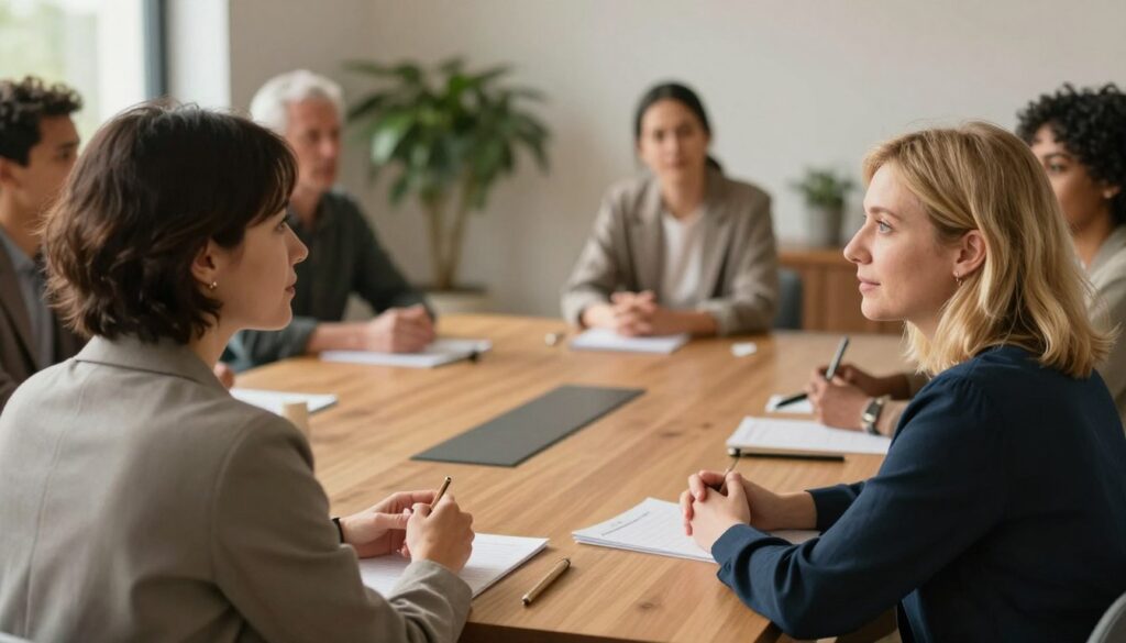 A serene and inviting meeting space, showcasing a diverse group of professionals engaged in a thoughtful discussion that emphasizes empathy and trust. In the foreground, two individuals—one with short dark hair in a tailored blazer and the other with shoulder-length blonde hair in smart casual attire—are actively listening to each other, expressing understanding through their body language. In the middle ground, a wooden conference table surrounded by warm, natural lighting creates an atmosphere of calmness and focus. The background features soft plants and neutral-toned walls, emphasizing a comfortable and safe environment. The angle captures their faces, highlighting the connection and mutual respect in their expressions, underlining the role of empathy in building trust.