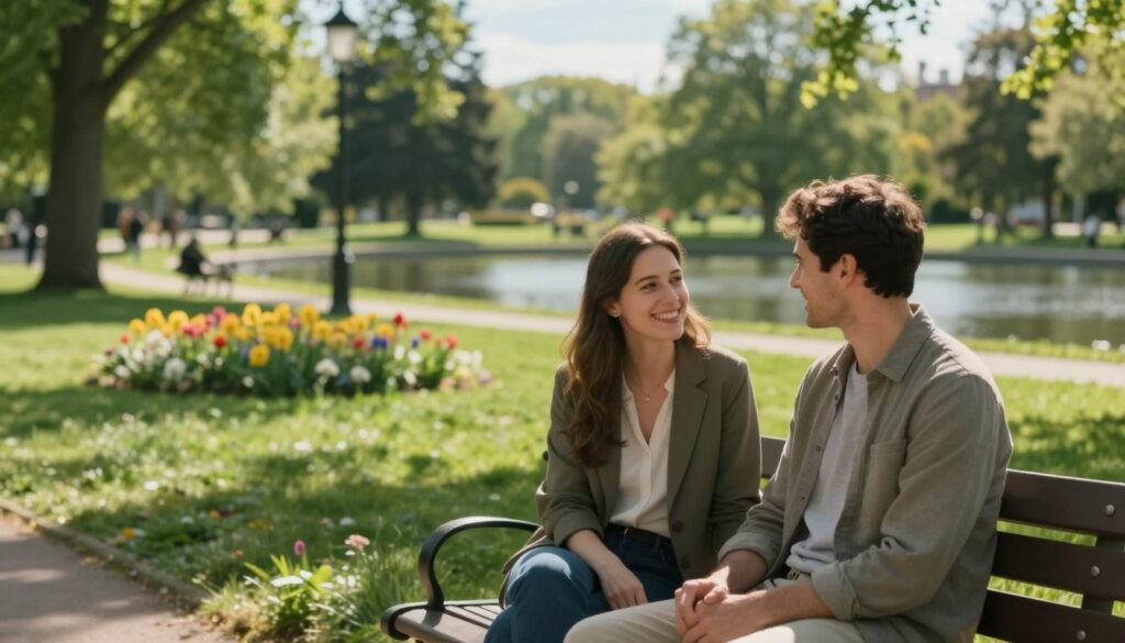 A serene and inviting scene depicting authenticity in a relationship. In the foreground, a couple sits together on a park bench, smiling and engaged in an intimate, heartfelt conversation. They are dressed in casual yet professional attire, exuding warmth and connection. In the middle ground, a lush green park surrounds them, with vibrant flowers blooming and soft sunlight filtering through the trees, casting gentle shadows. The background features a tranquil pond reflecting the blue sky, enhancing the peaceful atmosphere. The lighting is soft and warm, creating a cozy ambiance that highlights the couple's genuine connection. The angle is slightly elevated, capturing the depth of their interaction while emphasizing the surroundings that symbolize tranquility and support. The overall mood is calm, supportive, and intimate, embodying the essence of authenticity in daily life.