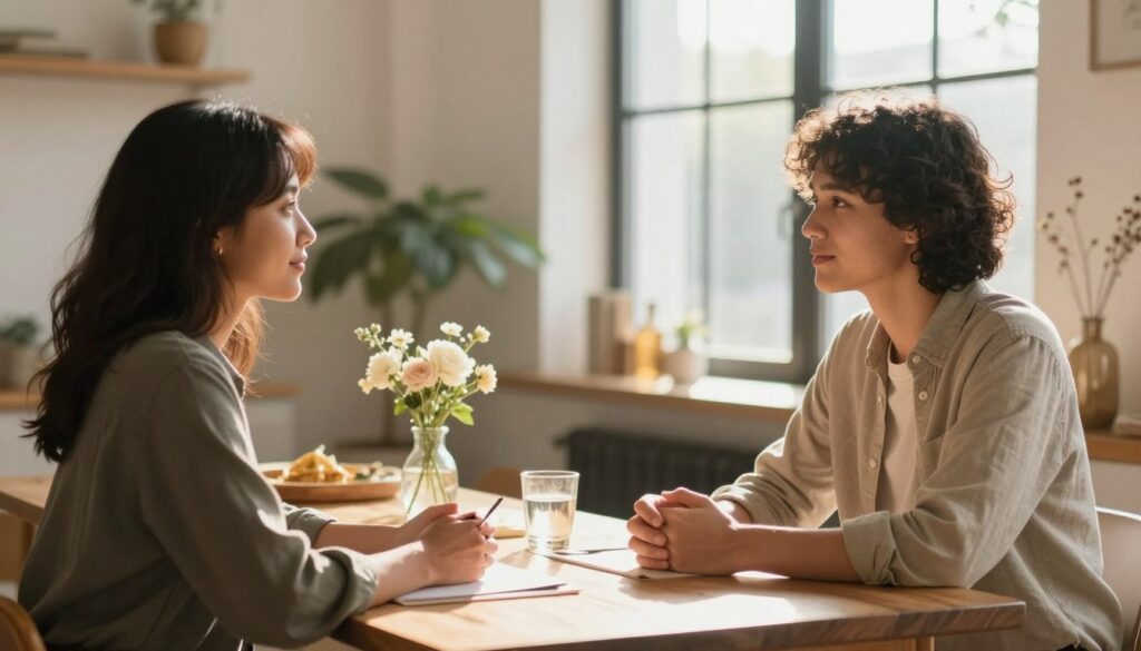 A serene and inviting scene depicting the concept of respect as the foundation of partnership. In the foreground, two individuals of diverse backgrounds are seated at a beautifully set table, engaging in a thoughtful conversation. They are dressed in smart casual attire, embodying warmth and approachability. The middle ground features soft natural elements like a blooming plant and warm-toned decor that suggest a cozy atmosphere. In the background, gentle sunlight filters through large windows, casting a warm glow that emphasizes a sense of openness and trust. The overall mood is peaceful and supportive, evoking feelings of care and mutual understanding, with a focus on the importance of respect in relationships. A serene and inviting scene depicting the concept of respect as the foundation of partnership. In the foreground, two individuals of diverse backgrounds are seated at a beautifully set table, engaging in a thoughtful conversation. They are dressed in smart casual attire, embodying warmth and approachability. The middle ground features soft natural elements like a blooming plant and warm-toned decor that suggest a cozy atmosphere. In the background, gentle sunlight filters through large windows, casting a warm glow that emphasizes a sense of openness and trust. The overall mood is peaceful and supportive, evoking feelings of care and mutual understanding, with a focus on the importance of respect in relationships.