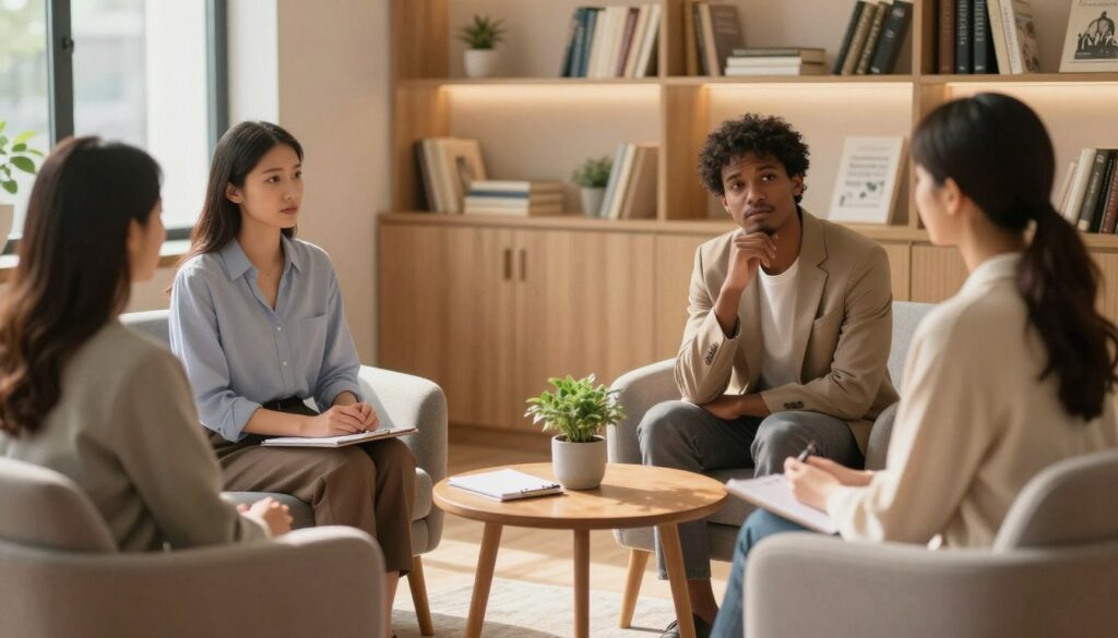 A serene and inviting therapy office setting, elegantly furnished with warm wooden tones and cozy armchairs, conveying a sense of comfort and trust. In the foreground, a diverse couple in professional attire, engaged in deep conversation, their expressions a mix of hope and contemplation. The middle ground showcases a small round table with a notepad and a calming plant, symbolizing growth and healing. In the background, softly lit shelves lined with books on psychology and self-improvement, creating an atmosphere of knowledge and support. Natural light filtering through large windows, casting gentle shadows and highlighting the peaceful ambiance. The mood is reassuring and reflective, embodying the theme of seeking professional therapeutic support.