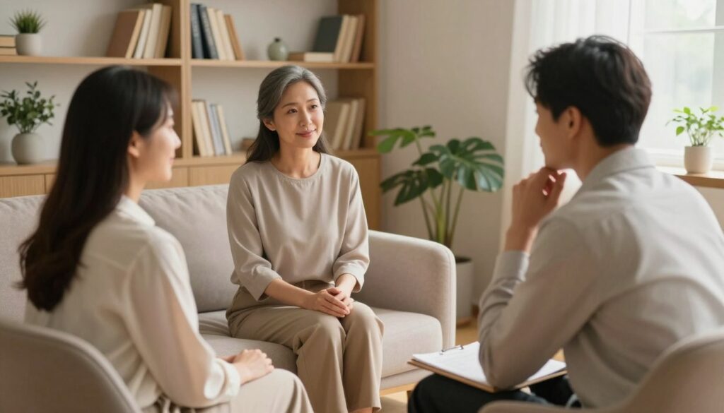 A serene and inviting therapy session space, set in a softly lit room with warm, neutral tones. In the foreground, a couple is seated on a comfortable couch, engaging in a heartfelt discussion, both dressed in professional business attire. The woman has a gentle smile, while the man looks thoughtful, reflecting a moment of connection. In the middle ground, a qualified therapist, a middle-aged woman in modest casual clothing, sits across from them, actively listening with a supportive expression. Shelves filled with books on relationships and healing fill the background, alongside plants that add a touch of nature and tranquility. The soft natural light filters through a window, creating a calm and hopeful atmosphere, symbolizing the journey towards mending their relationship.