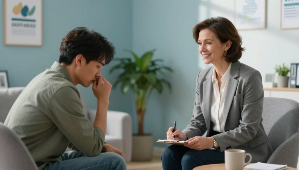 A serene and professional counseling session in progress, featuring a middle-aged therapist wearing business attire, seated across from a young adult client in modest casual clothing. The therapist, a Caucasian woman with short brown hair, displays a compassionate demeanor, with a notepad in hand and a warm smile. The client, an Asian man, appears contemplative, looking down as he processes emotions. The setting is a softly lit office adorned with calming blue and green colors, with motivational posters on the walls and a potted plant in the corner. The natural light from a window casts gentle shadows, creating a tranquil atmosphere that emphasizes empathy and support. A serene and professional counseling session in progress, featuring a middle-aged therapist wearing business attire, seated across from a young adult client in modest casual clothing. The therapist, a Caucasian woman with short brown hair, displays a compassionate demeanor, with a notepad in hand and a warm smile. The client, an Asian man, appears contemplative, looking down as he processes emotions. The setting is a softly lit office adorned with calming blue and green colors, with motivational posters on the walls and a potted plant in the corner. The natural light from a window casts gentle shadows, creating a tranquil atmosphere that emphasizes empathy and support.