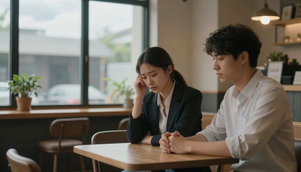 A serene and reflective scene capturing the challenges of ending a long-term relationship. In the foreground, a thoughtfully composed couple sits at a small table, their expressions solemn yet respectful, dressed in professional attire. Their body language conveys a mixture of sorrow and understanding. In the middle ground, a simple coffee shop setting with soft lighting, featuring warm wood accents and potted plants, enhancing an atmosphere of calm and introspection. In the background, large windows show a cloudy sky, hinting at the emotional weight of the moment while allowing soft, diffused light to spill gently into the space. The entire image evokes a sense of peace and clarity, emphasizing respectful boundaries.