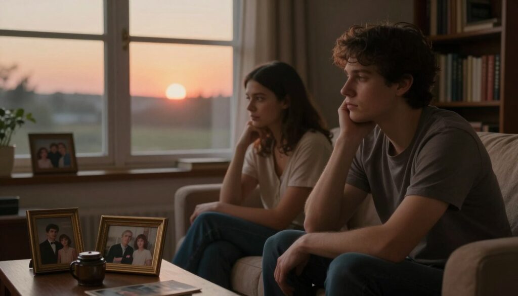 A serene and reflective scene representing the psychological mechanisms of dwelling on the past in relationships. In the foreground, a thoughtfully composed couple sits in a cozy, warmly-lit living room, each lost in their own thoughts, framed by old family photographs and memory-laden items scattered around. In the middle ground, a large window reveals a soft sunset, casting gentle, orange hues, symbolizing nostalgia and longing. The background features a bookshelf filled with self-help and psychology books, hinting at the exploration of past memories. The mood is contemplative and introspective, with soft diffused lighting and a shallow depth of field to focus on the couple, emphasizing their expressions and the emotional weight of reminiscence. The overall atmosphere is calm and inviting, encouraging reflection. A serene and reflective scene representing the psychological mechanisms of dwelling on the past in relationships. In the foreground, a thoughtfully composed couple sits in a cozy, warmly-lit living room, each lost in their own thoughts, framed by old family photographs and memory-laden items scattered around. In the middle ground, a large window reveals a soft sunset, casting gentle, orange hues, symbolizing nostalgia and longing. The background features a bookshelf filled with self-help and psychology books, hinting at the exploration of past memories. The mood is contemplative and introspective, with soft diffused lighting and a shallow depth of field to focus on the couple, emphasizing their expressions and the emotional weight of reminiscence. The overall atmosphere is calm and inviting, encouraging reflection.