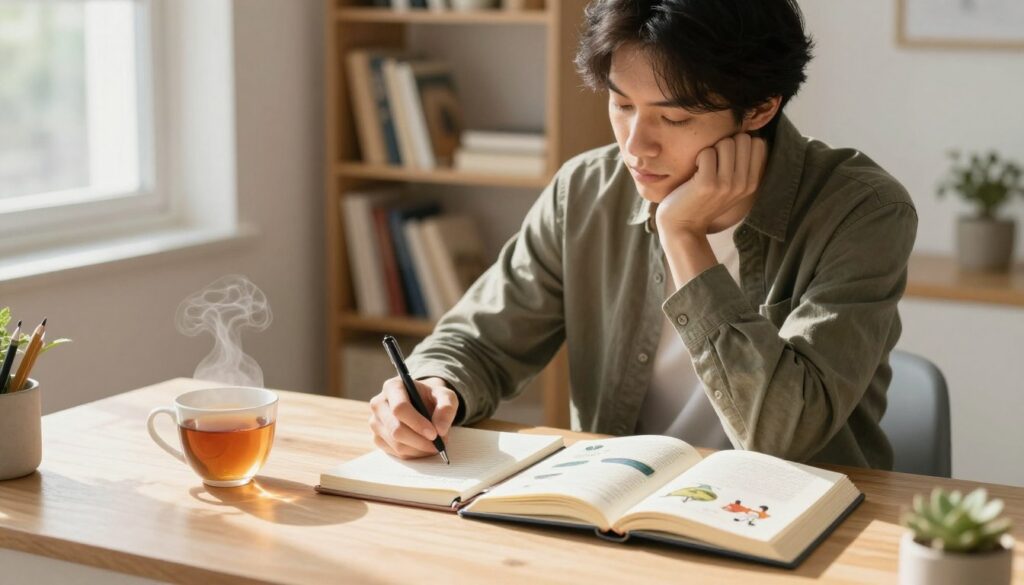A serene and reflective workspace scene that embodies the theme of recognizing personal needs and values. In the foreground, a well-organized desk is adorned with a journal, a steaming cup of tea, and an open, beautifully illustrated book about self-discovery. The middle ground features a thoughtful individual sitting at the desk, dressed in smart, casual clothing, with a contemplative expression as they write in the journal. Soft, warm lighting streams in from a nearby window, casting gentle shadows that create a calm atmosphere. In the background, a peaceful bookshelf filled with books on psychology and relationships is visible. The overall mood is introspective and peaceful, inviting viewers to reflect on their own needs.