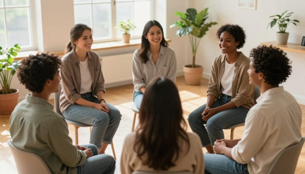 A serene and supportive scene depicting a diverse group of individuals engaged in a social support meeting in a cozy, well-lit room. In the foreground, a diverse group of five people, including men and women of different ethnicities, sit in a circle, smiling and exchanging encouraging expressions. They wear casual, modest clothing, enhancing the friendly atmosphere. In the middle background, soft light filters through large windows, casting warm, inviting shadows. A few potted plants add a touch of nature to the space. The overall mood is one of warmth, trust, and connection, emphasizing the importance of social support groups in overcoming personal struggles. The angle captures the entire scene from slightly above, providing an inclusive view into their interaction.