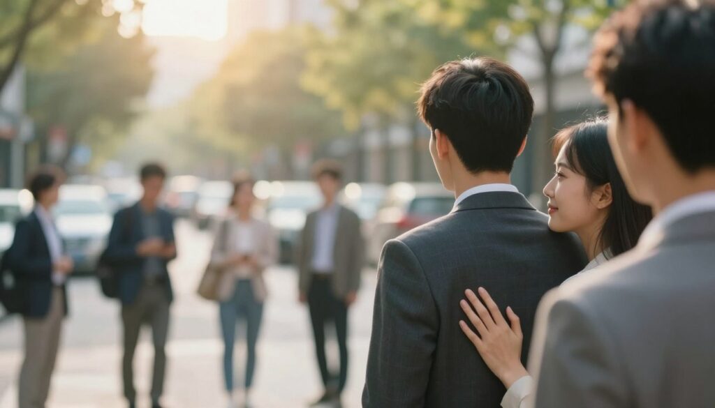 A serene and supportive scene depicting "relationship protection" in a contemporary setting. In the foreground, a couple stands together, dressed in professional business attire, confidently shielding each other from external distractions. In the middle ground, a blurred representation of chaotic city life conveys distractions, such as busy streets and passive onlookers, symbolizing exterior pressures on relationships. In the background, soft sunlight filters through trees, creating a warm, inviting atmosphere that signifies safety and intimacy. The overall mood is one of calm determination and mutual support, captured with a slightly over-the-shoulder perspective to emphasize the connection between the couple. Use soft focus on the background and a medium aperture to accentuate the couple while ensuring a sense of depth.