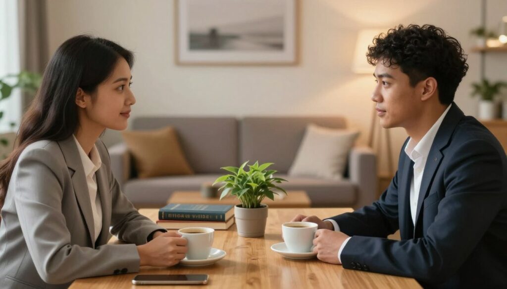 A serene and thoughtful scene illustrating the concept of shared values in a relationship. In the foreground, two diverse individuals sit at a beautifully set table with soft lighting, engaged in deep conversation. They are dressed in professional business attire, exuding respect and openness, as they exchange heartfelt looks over a cup of coffee. The middle ground features elements symbolizing values, such as books on ethics and a small plant for growth, subtly included on the table. In the background, a warm and inviting living room setting with soft lighting creates a cozy atmosphere, enhancing the intimate connection. The overall mood is reflective and supportive, suggesting the importance of communication and understanding in relationships.