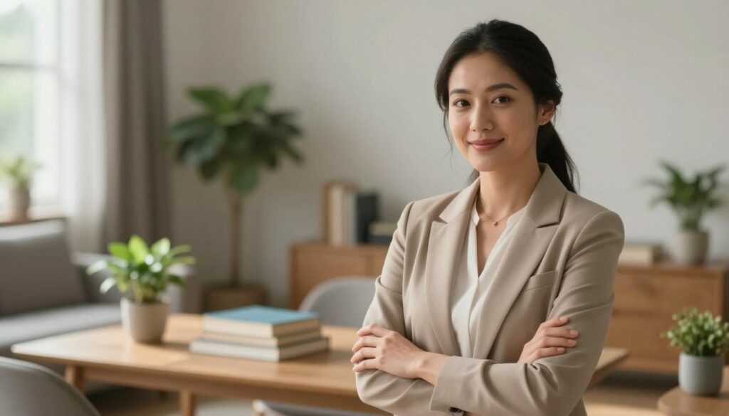 A serene and thoughtfully composed scene reflecting the essence of Virgo traits in relationships. In the foreground, a woman dressed in professional business attire stands confidently with a gentle smile, exuding warmth and approachability. Her posture conveys both care and strength, symbolizing nurturing and responsibility. In the middle ground, a cozy, well-organized living space represents stability, featuring a neatly arranged table with books and plants, suggesting order and attentiveness. The background showcases soft, natural light streaming through a window, creating a warm, inviting atmosphere. The overall mood is one of harmony and balance, emphasizing the importance of clear communication and structure in relationships. A shallow depth of field focuses on the woman while softly blurring the background elements, enhancing the central theme of character traits in emotional connections.