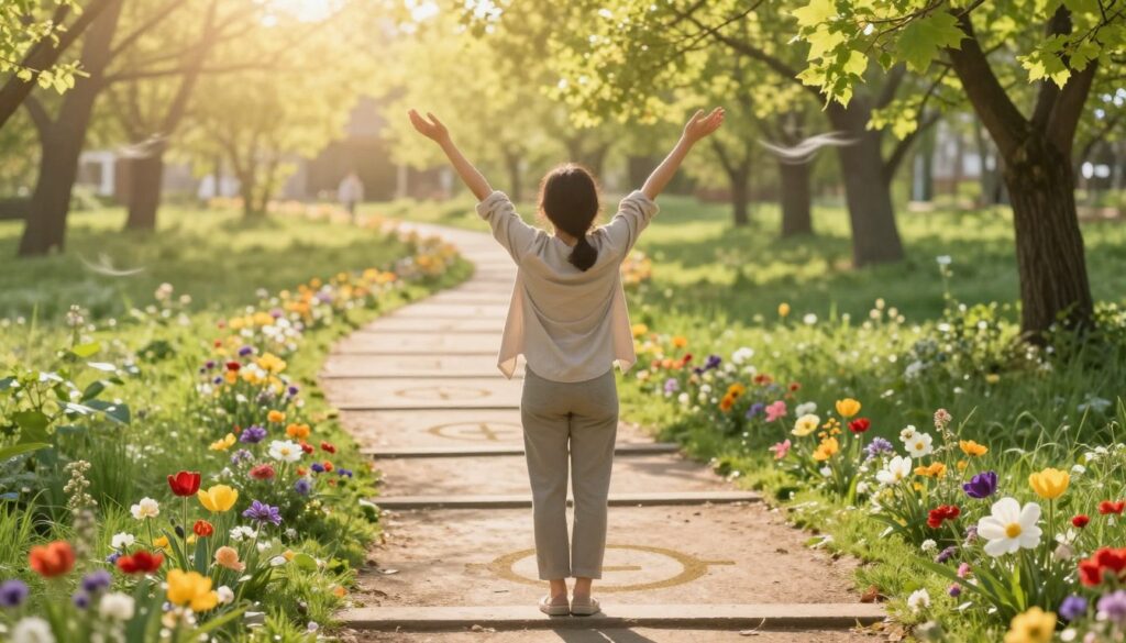 A serene and uplifting scene depicting the journey of liberation from a toxic partner. In the foreground, a person dressed in modest casual clothing stands confidently, arms raised towards the sky, symbolizing freedom and empowerment. The middle ground features a winding path lined with blooming flowers and positive symbols, illustrating the steps toward healing. In the background, soft, warm sunlight filters through a canopy of trees, creating a sense of hope and new beginnings. The atmosphere is vibrant and encouraging, with a gentle breeze suggested by the movement of leaves. The image should capture a feeling of transformation and strength, using soft focus and a slightly elevated angle to convey a sense of elevation and progress.