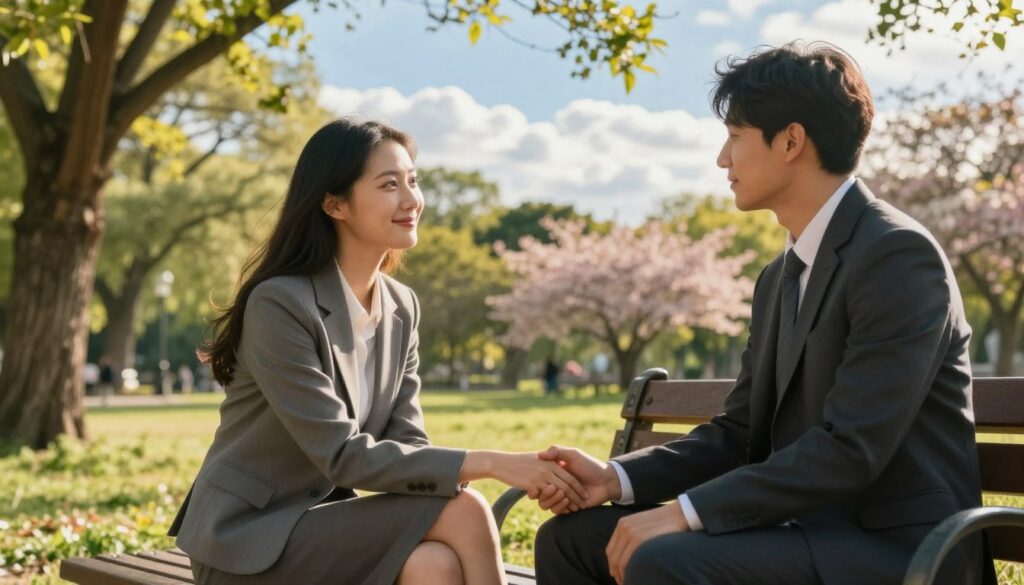 A serene and uplifting scene depicting two people sitting on a park bench, engaged in a meaningful conversation, dressed in professional business attire. The foreground shows their hands gently resting on each other's, symbolizing emotional connection. In the middle ground, a lush, sunlit park with blossoming flowers and trees adds vibrancy, while a soft breeze rustles through the leaves. In the background, a clear blue sky with fluffy white clouds conveys a sense of tranquility and hope. The lighting is warm and golden, suggesting an early morning or late afternoon, creating an inviting and peaceful atmosphere. The overall mood reflects harmony and the potential for happiness in a non-physical relationship. A serene and uplifting scene depicting two people sitting on a park bench, engaged in a meaningful conversation, dressed in professional business attire. The foreground shows their hands gently resting on each other's, symbolizing emotional connection. In the middle ground, a lush, sunlit park with blossoming flowers and trees adds vibrancy, while a soft breeze rustles through the leaves. In the background, a clear blue sky with fluffy white clouds conveys a sense of tranquility and hope. The lighting is warm and golden, suggesting an early morning or late afternoon, creating an inviting and peaceful atmosphere. The overall mood reflects harmony and the potential for happiness in a non-physical relationship.