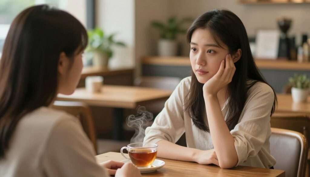 A serene and warm scene depicting a young woman sitting at a cozy café table, engaged in a deep, empathetic conversation with a friend. The foreground features the woman, dressed in modest casual clothing, her expression reflecting understanding and kindness, with soft, natural lighting highlighting her gentle features. In the middle ground, a steaming cup of tea rests on the table, symbolizing comfort and connection. In the background, the café is softly blurred, filled with warm tones of wood and gentle greenery, enhancing the intimate atmosphere. The overall mood is peaceful and inviting, showcasing the nurturing qualities of empathy and humility in building relationships. The angle captures a slightly elevated perspective, adding depth to the scene.