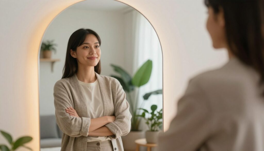 A serene, contemplative scene depicting a person standing confidently in front of a mirror. The foreground features a well-dressed individual, exuding self-assurance and looking thoughtfully at their reflection. The person has a gentle smile, embodying a sense of self-worth. In the middle, the mirror has a soft, warm glow, enhancing the atmosphere of positivity. The background shows a cozy, well-lit room filled with plants and soft colors, symbolizing harmony and balance. The lighting is soft and diffused, creating a peaceful ambiance, while the angle captures the person’s reflection prominently, emphasizing the theme of self-discovery and inner strength. The overall mood is uplifting and empowering, inspiring a sense of personal growth. A serene, contemplative scene depicting a person standing confidently in front of a mirror. The foreground features a well-dressed individual, exuding self-assurance and looking thoughtfully at their reflection. The person has a gentle smile, embodying a sense of self-worth. In the middle, the mirror has a soft, warm glow, enhancing the atmosphere of positivity. The background shows a cozy, well-lit room filled with plants and soft colors, symbolizing harmony and balance. The lighting is soft and diffused, creating a peaceful ambiance, while the angle captures the person’s reflection prominently, emphasizing the theme of self-discovery and inner strength. The overall mood is uplifting and empowering, inspiring a sense of personal growth.