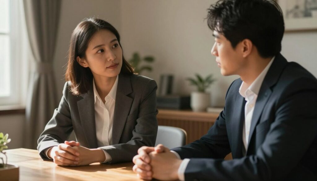 A serene, contemplative scene featuring a couple seated at a dining table, both dressed in professional business attire, engaged in a deep conversation. The foreground shows their hands resting on the table, fingers gently intertwined, symbolizing trust and openness. In the middle, a soft focus captures their sincere expressions, revealing vulnerability and a quest for honesty. The background includes a softly lit, cozy room with warm tones, suggesting intimacy and a safe space for dialogue. Natural light filters in through a window, casting gentle shadows and creating an atmosphere of reflection and understanding. The overall mood conveys hopefulness and the importance of communication in assessing one’s partner's sincerity and readiness to change.