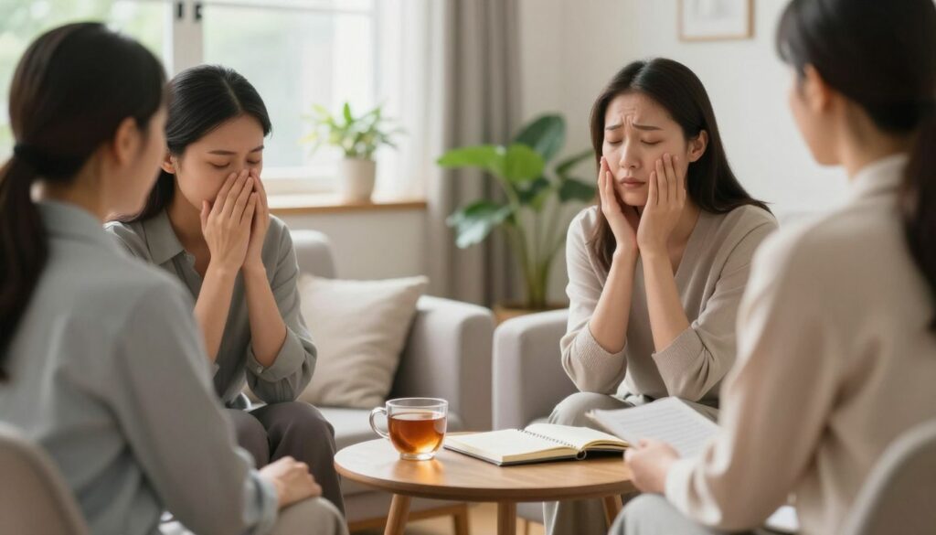 A serene counseling session in a cozy, well-lit room. In the foreground, a supportive therapist, dressed in professional attire, sits attentively across from a client who is expressing emotions openly. Both individuals exhibit a sense of trust and empathy. In the middle, a small table holds a comforting cup of tea and a notebook, symbolizing reflection and healing. In the background, soft, natural light filters through a window, illuminating plants that symbolize growth and renewal. The atmosphere is calm, inviting, and encouraging, conveying a sense of safety and hope in the journey of recovery. Use warm tones to enhance the emotional connection and sense of support in the scene. A serene counseling session in a cozy, well-lit room. In the foreground, a supportive therapist, dressed in professional attire, sits attentively across from a client who is expressing emotions openly. Both individuals exhibit a sense of trust and empathy. In the middle, a small table holds a comforting cup of tea and a notebook, symbolizing reflection and healing. In the background, soft, natural light filters through a window, illuminating plants that symbolize growth and renewal. The atmosphere is calm, inviting, and encouraging, conveying a sense of safety and hope in the journey of recovery. Use warm tones to enhance the emotional connection and sense of support in the scene.