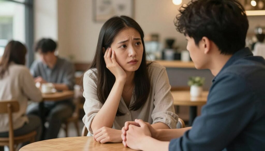 A serene couple sitting close together at a cozy coffee table, engaged in deep conversation, with warm lighting creating a soft, inviting atmosphere. In the foreground, their hands are gently clasped, symbolizing connection and support. The middle layer features their faces expressing thoughtful emotions, a mixture of concern and hope, enhancing the intimacy of the moment. In the background, a softly blurred scene of a peaceful café, with other patrons enjoying their time, providing context without distraction. The overall mood is reflective and reassuring, emphasizing the theme of rebuilding emotional involvement and closeness in relationships. Use a subtle focus effect to create depth, ensuring the couple remains the focal point of the image.