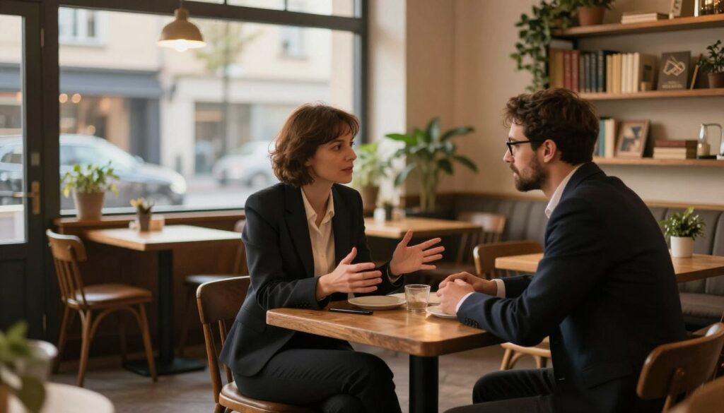 A serene, cozy café setting in soft, warm lighting during the late afternoon. In the foreground, two individuals sit at a small table, both dressed in professional business attire, engaged in a thoughtful conversation. One person, a woman with short brown hair, gestures expressively with her hands, while the man, a man with glasses and a neat beard, listens intently, leaning slightly forward. In the middle ground, the café is filled with rustic wooden furniture, bookshelves, and plants, creating a welcoming atmosphere. In the background, a large window offers a view of a peaceful street, with soft light filtering through, symbolizing the openness of communication. The overall mood is reflective and supportive, emphasizing the importance of dialogue and connection in repairing relationships.