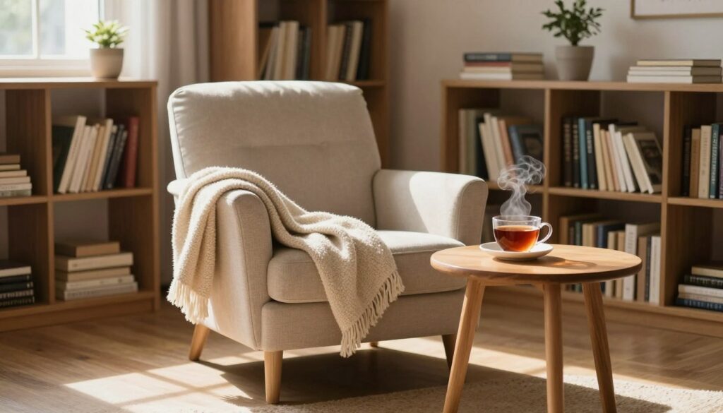 A serene, cozy interior space designed for an introvert, featuring a plush armchair surrounded by bookshelves filled with various books. In the foreground, a soft throw blanket drapes over the chair, and a steaming cup of tea rests on a small wooden side table. The middle of the scene showcases a warm, inviting ambiance with soft, natural lighting streaming through a nearby window, casting gentle shadows across the floor. In the background, a small potted plant adds a touch of greenery, enhancing the tranquility of the environment. The atmosphere conveys comfort and solitude, ideal for reflection or relaxation, portraying the essential need for personal space, which is key for an introvert's emotional well-being. A serene, cozy interior space designed for an introvert, featuring a plush armchair surrounded by bookshelves filled with various books. In the foreground, a soft throw blanket drapes over the chair, and a steaming cup of tea rests on a small wooden side table. The middle of the scene showcases a warm, inviting ambiance with soft, natural lighting streaming through a nearby window, casting gentle shadows across the floor. In the background, a small potted plant adds a touch of greenery, enhancing the tranquility of the environment. The atmosphere conveys comfort and solitude, ideal for reflection or relaxation, portraying the essential need for personal space, which is key for an introvert's emotional well-being.