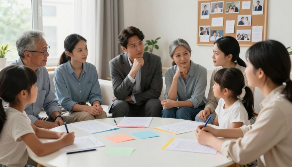 A serene family meeting scene in a cozy living room setting, where a diverse group of family members of various ages (including parents and children) are engaged in a constructive discussion about household rules for safety. The foreground features a round table with colorful papers and pens, symbolizing cooperation and planning. In the middle, the family members are shown expressing ideas and nodding thoughtfully, dressed in professional business attire and modest casual clothing. Soft, natural lighting filters through a window, creating a warm and inviting atmosphere. In the background, family photos and a bulletin board filled with notes enhance the sense of unity and communication, encapsulating the theme of safety and care within the home. The overall mood is positive and supportive, emphasizing collaboration and family security. A serene family meeting scene in a cozy living room setting, where a diverse group of family members of various ages (including parents and children) are engaged in a constructive discussion about household rules for safety. The foreground features a round table with colorful papers and pens, symbolizing cooperation and planning. In the middle, the family members are shown expressing ideas and nodding thoughtfully, dressed in professional business attire and modest casual clothing. Soft, natural lighting filters through a window, creating a warm and inviting atmosphere. In the background, family photos and a bulletin board filled with notes enhance the sense of unity and communication, encapsulating the theme of safety and care within the home. The overall mood is positive and supportive, emphasizing collaboration and family security.