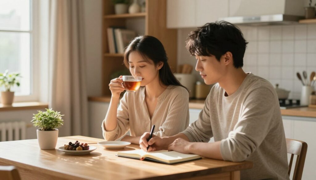 A serene home setting showcasing a couple engaging in daily rituals that strengthen their bond. In the foreground, a man and a woman are sharing a moment of calm, seated at a cozy kitchen table adorned with natural light streaming through a window. The woman is sipping tea, while the man writes in a journal, both dressed in comfortable, modest clothing. In the middle ground, elements of their daily life are visible: a small potted plant, a neatly organized bookshelf, and warm-colored curtains. The background features gentle light filtering through that enhances the intimate atmosphere. The overall mood is warm, supportive, and nurturing, emphasizing connection and care. The composition is framed with a soft focus, highlighting the couple's expressions of peace and understanding.