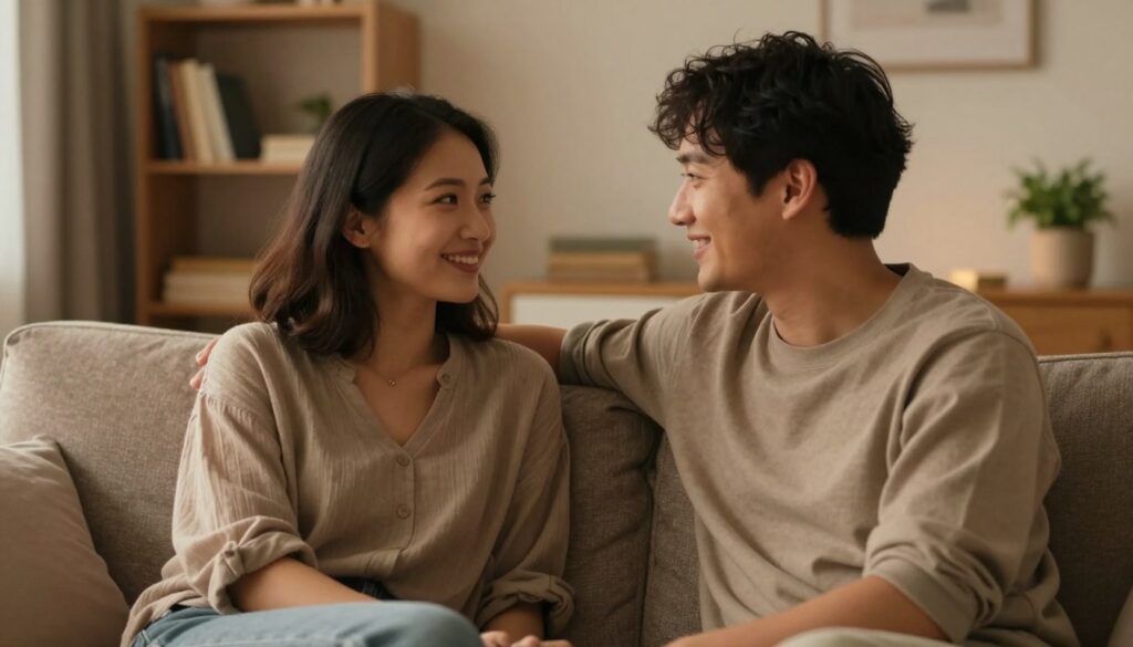 A serene indoor setting depicting the essence of intimacy in a relationship. In the foreground, a couple sits closely on a comfortable couch, engaged in an intimate conversation, smiling and sharing affectionate gazes, dressed in modest casual clothing. The middle ground features warm, soft lighting that creates a cozy and inviting atmosphere, emphasizing the bond between them. In the background, a softly blurred bookshelf and a small plant add to the homey feel, suggesting warmth and safety. The overall color palette should consist of warm earth tones to evoke feelings of trust and emotional closeness, capturing the importance of intimacy in a relationship beyond physical connection. A serene indoor setting depicting the essence of intimacy in a relationship. In the foreground, a couple sits closely on a comfortable couch, engaged in an intimate conversation, smiling and sharing affectionate gazes, dressed in modest casual clothing. The middle ground features warm, soft lighting that creates a cozy and inviting atmosphere, emphasizing the bond between them. In the background, a softly blurred bookshelf and a small plant add to the homey feel, suggesting warmth and safety. The overall color palette should consist of warm earth tones to evoke feelings of trust and emotional closeness, capturing the importance of intimacy in a relationship beyond physical connection.
