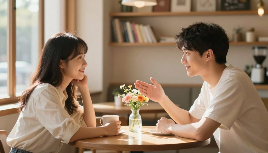 A serene indoor setting designed for couples, featuring two people engaged in an intimate conversation, sitting across from each other at a cozy café table. The foreground showcases their hands leaning toward each other, symbolizing connection and openness. In the middle, a small vase with fresh flowers adds a touch of color and life, while natural light floods the scene from large windows, casting soft shadows. The background includes blurred shelves filled with books and a warm, inviting décor to create a comfortable atmosphere. The mood is relaxed and hopeful, emphasizing genuine communication and the beauty of reconnecting in a heartfelt way. The image suggests a sense of renewal and intimacy in relationships without artificial gestures. A serene indoor setting designed for couples, featuring two people engaged in an intimate conversation, sitting across from each other at a cozy café table. The foreground showcases their hands leaning toward each other, symbolizing connection and openness. In the middle, a small vase with fresh flowers adds a touch of color and life, while natural light floods the scene from large windows, casting soft shadows. The background includes blurred shelves filled with books and a warm, inviting décor to create a comfortable atmosphere. The mood is relaxed and hopeful, emphasizing genuine communication and the beauty of reconnecting in a heartfelt way. The image suggests a sense of renewal and intimacy in relationships without artificial gestures.
