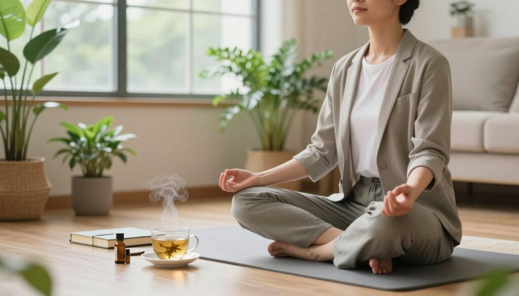 A serene indoor setting emphasizing emotional well-being, featuring a cozy, well-lit space filled with plants and soft furnishings. In the foreground, a person in professional casual attire is sitting cross-legged on a comfortable mat, engaged in meditation. Their expression is calm and focused, radiating peace. In the middle ground, there are elements symbolizing self-care, like a journal, essential oils, and a steaming cup of herbal tea nearby. The background includes large windows allowing natural light to flood the room, enhancing the feeling of openness and tranquility. The atmosphere is warm and inviting, with a soft color palette of greens and earth tones, suggesting a safe space for emotional health and self-reflection. A serene indoor setting emphasizing emotional well-being, featuring a cozy, well-lit space filled with plants and soft furnishings. In the foreground, a person in professional casual attire is sitting cross-legged on a comfortable mat, engaged in meditation. Their expression is calm and focused, radiating peace. In the middle ground, there are elements symbolizing self-care, like a journal, essential oils, and a steaming cup of herbal tea nearby. The background includes large windows allowing natural light to flood the room, enhancing the feeling of openness and tranquility. The atmosphere is warm and inviting, with a soft color palette of greens and earth tones, suggesting a safe space for emotional health and self-reflection.