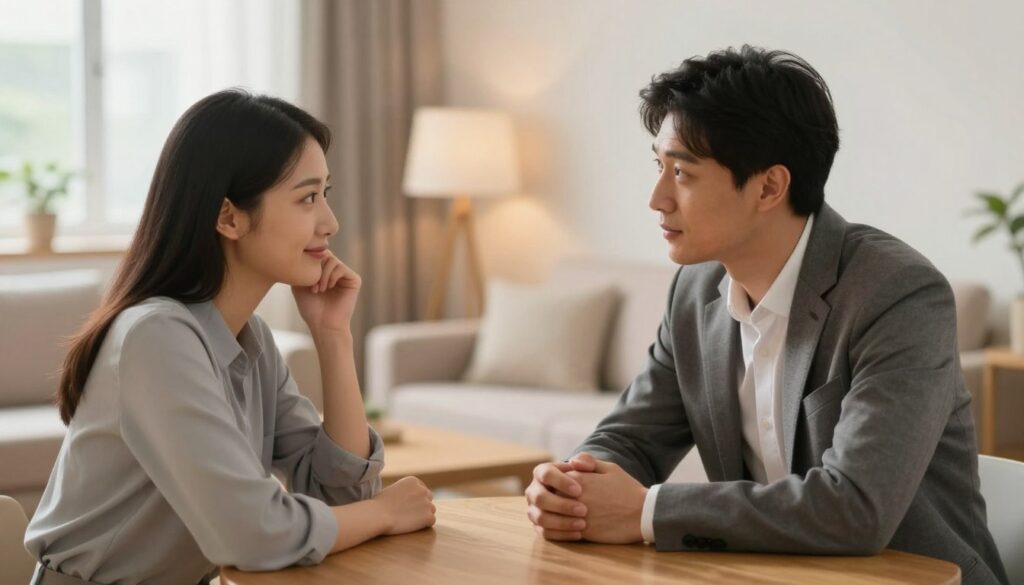 A serene indoor setting featuring a couple engaged in open communication, showcasing emotional vulnerability. In the foreground, the couple is seated across from each other at a cozy wooden table, both dressed in professional business attire. The man, with a thoughtful expression, leans slightly forward, while the woman, gently smiling, appears attentive and reassuring. The background is softly blurred, revealing a warm, inviting living room with calming pastel colors and soft lighting from a nearby window that casts a gentle glow. The atmosphere is one of understanding and support, emphasizing the importance of effective communication during moments of emotional instability. Use a shallow depth of field to focus on the couple while the environment enhances the sense of intimacy and safety.