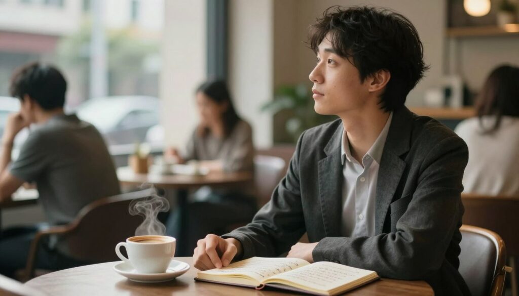 A serene indoor setting featuring a thoughtful individual sitting at a café table, gazing out of a window with a reflective expression, suggesting contemplation of new beginnings in relationships. The foreground includes a steaming cup of coffee and an open notebook filled with notes about personal growth and readiness for love. In the middle, the person is dressed in smart casual attire, conveying a sense of openness and hope. The background shows soft, blurred figures of other patrons, creating a warm and inviting atmosphere. Soft, natural lighting filters through the window, casting gentle shadows that evoke a mood of introspection and optimism, symbolizing the transition towards new relationships.