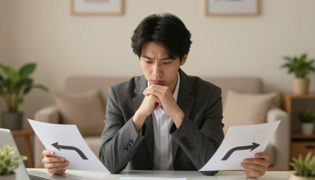 A serene indoor setting, illustrating the concept of making a mature decision about ending a relationship. In the foreground, a thoughtful young adult in professional attire sits at a desk, looking contemplatively at two paths represented by papers on either side—a symbol of choices. The middle ground features soft lighting emphasizing the person's pensive expression. In the background, a warm, inviting room with calming decor, like plants and neutral colors, creates a harmonious atmosphere. The overall mood should evoke introspection and clarity, with a focus on the inner conflict of making a significant life decision. The angle is slightly elevated, capturing both the subject's face and the symbolic papers, emphasizing the gravity of the moment.