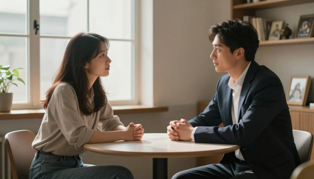 A serene indoor setting illustrating the concept of submissiveness in a relationship. In the foreground, a couple sits at a small round table, engaged in a thoughtful conversation. The female partner, dressed in modest casual clothing, leans slightly forward, her expression calm and attentive, conveying trust and openness. The male partner, in professional attire, sits back with a gentle, encouraging demeanor, fostering a sense of safety and respect. In the middle ground, soft natural light filters through a window, creating a warm and inviting atmosphere that encourages intimacy and understanding. In the background, a shelf filled with books and personal mementos suggests shared experiences and a deep connection. The overall mood is one of harmony, illustrating the nuanced dynamic of submission within a healthy partnership.