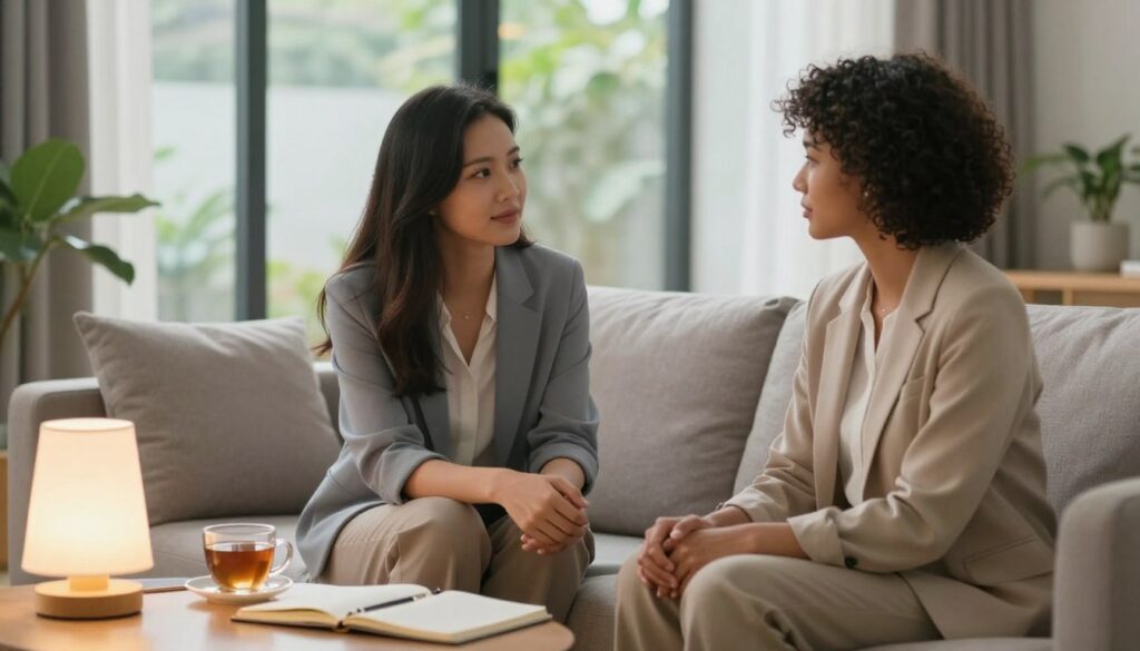 A serene indoor setting showcasing a diverse couple sitting together on a cozy couch, engaging in a supportive conversation. The foreground features warm, inviting details like a softly glowing lamp and a small coffee table with shared items like notebooks and cups of tea. In the middle, the couple, dressed in professional business attire, exudes warmth and understanding, with genuine expressions that convey empathy and connection. In the background, large windows allow soft natural light to flood the room, illuminating greenery outside and creating an uplifting atmosphere. The overall mood is calm and nurturing, emphasizing the importance of mutual support in enhancing mental well-being.