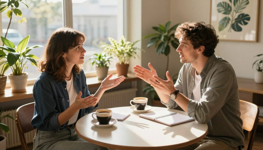 A serene indoor space with an elegant round table in the foreground, set with two cups of coffee and a notepad, symbolizing open communication. In the middle ground, a couple sits across from each other, both dressed in smart casual attire, engaged in an animated discussion with expressive body language. Behind them, sunlight streams through a large window, casting warm, inviting light that highlights the cozy decor around them, like plants and artwork, representing growth and understanding in their relationship. The mood is hopeful and dynamic, capturing both the challenges and the positive energy of overcoming them together. The angle is slightly elevated, offering a clear view of both the couple's facial expressions and the inviting atmosphere.
