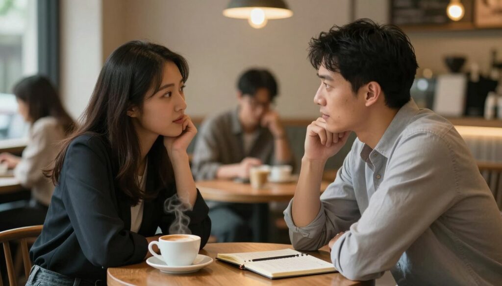 A serene, intimate setting depicting a couple engaged in a candid conversation about their expectations in a relationship. The foreground features two individuals, a woman in smart casual attire and a man in a fitted shirt, sitting at a cozy café table, leaning in as they discuss thoughtfully. In the middle ground, soft-focus elements like a steaming cup of coffee and a small, open notebook with notes provide context. In the background, soft ambient lighting creates a warm, inviting atmosphere, with blurred silhouettes of other patrons enjoying their time. The mood is reflective and open, capturing the essence of sincere communication in overcoming relationship challenges. Shot with a shallow depth of field to emphasize the couple, with a warm color palette. A serene, intimate setting depicting a couple engaged in a candid conversation about their expectations in a relationship. The foreground features two individuals, a woman in smart casual attire and a man in a fitted shirt, sitting at a cozy café table, leaning in as they discuss thoughtfully. In the middle ground, soft-focus elements like a steaming cup of coffee and a small, open notebook with notes provide context. In the background, soft ambient lighting creates a warm, inviting atmosphere, with blurred silhouettes of other patrons enjoying their time. The mood is reflective and open, capturing the essence of sincere communication in overcoming relationship challenges. Shot with a shallow depth of field to emphasize the couple, with a warm color palette.