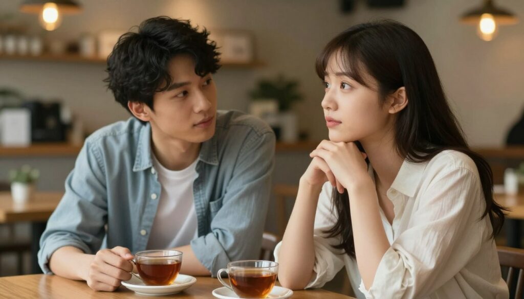 A serene, intimate setting in a cozy café, where two young adults enjoy a deep conversation. In the foreground, a young woman with thoughtful eyes, dressed in a modest casual outfit, sits with her hands gently cradling a cup of tea. She has an expression of curiosity and openness, symbolizing her inner world. In the middle ground, a young man, also in casual clothing, leans slightly forward, engaged and listening intently. The background features soft, warm lighting, with blurred café decor that creates a relaxed atmosphere. The scene captures a moment of connection and understanding, emphasizing the beauty of exploring one another’s thoughts and feelings. The composition is focused on empathy and closeness, eliciting a sense of warmth and intimacy in the space. A serene, intimate setting in a cozy café, where two young adults enjoy a deep conversation. In the foreground, a young woman with thoughtful eyes, dressed in a modest casual outfit, sits with her hands gently cradling a cup of tea. She has an expression of curiosity and openness, symbolizing her inner world. In the middle ground, a young man, also in casual clothing, leans slightly forward, engaged and listening intently. The background features soft, warm lighting, with blurred café decor that creates a relaxed atmosphere. The scene captures a moment of connection and understanding, emphasizing the beauty of exploring one another’s thoughts and feelings. The composition is focused on empathy and closeness, eliciting a sense of warmth and intimacy in the space.