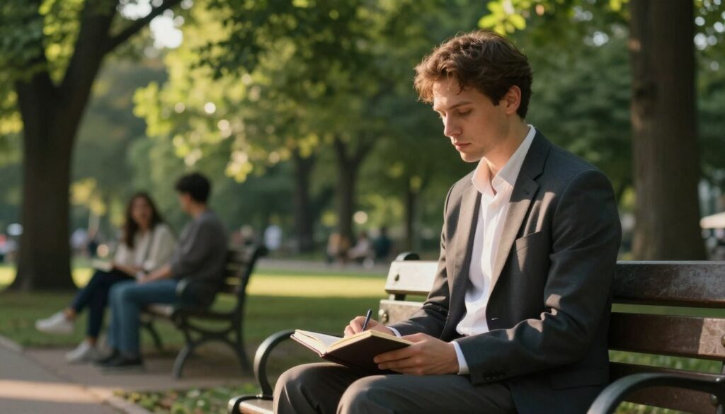 A serene, introspective scene depicting a man in his 30s, dressed in a smart casual outfit, sitting on a park bench surrounded by lush green trees. The foreground features him with a thoughtful expression, holding a journal on his lap, symbolizing self-reflection and healing. In the middle ground, sunlight filters through the leaves, casting gentle shadows, creating a warm and calming atmosphere. In the background, soft silhouettes of other people enjoying the park suggest the importance of community and connection in the healing process. The lighting is golden-hour, enhancing the emotional depth, while a shallow depth of field focuses on the man, emphasizing his journey of overcoming childhood trauma and building healthy relationships. A serene, introspective scene depicting a man in his 30s, dressed in a smart casual outfit, sitting on a park bench surrounded by lush green trees. The foreground features him with a thoughtful expression, holding a journal on his lap, symbolizing self-reflection and healing. In the middle ground, sunlight filters through the leaves, casting gentle shadows, creating a warm and calming atmosphere. In the background, soft silhouettes of other people enjoying the park suggest the importance of community and connection in the healing process. The lighting is golden-hour, enhancing the emotional depth, while a shallow depth of field focuses on the man, emphasizing his journey of overcoming childhood trauma and building healthy relationships.