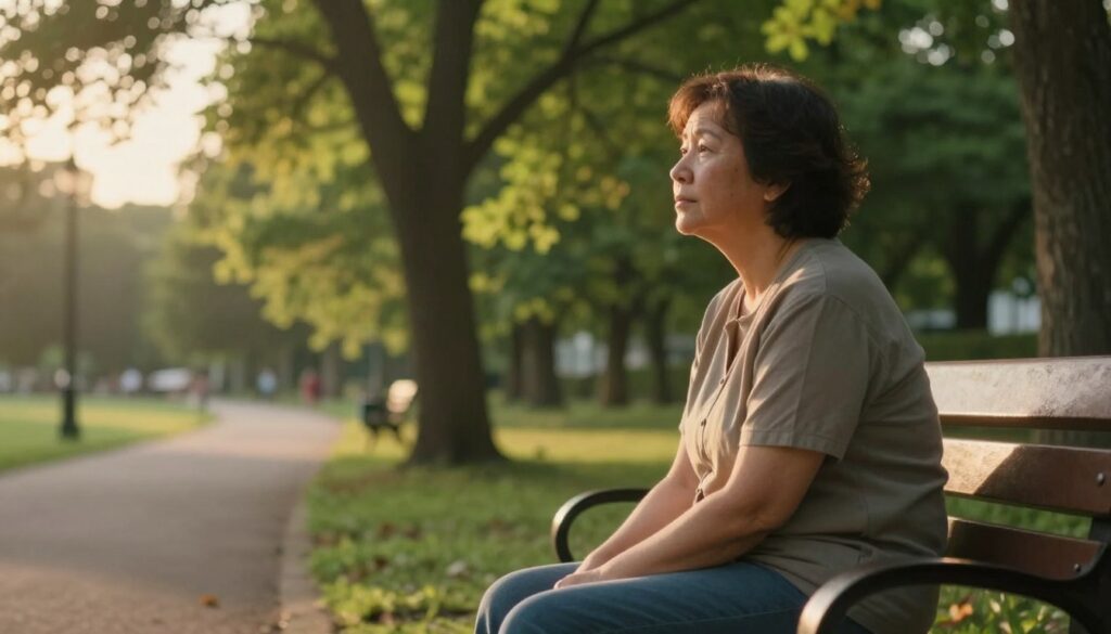 A serene, introspective scene depicting a person sitting on a park bench, reflecting on their childhood. In the foreground, a middle-aged individual wearing modest casual clothing, deep in thought, with a gentle expression. The middle ground features lush green trees and a pathway, suggesting a journey of self-discovery. In the background, soft sunlight filters through the leaves, creating a warm, inviting atmosphere. The lighting is golden hour, casting a soft glow on the scene, emphasizing a feeling of nostalgia and contemplation. The overall mood is reflective and calm, illustrating the impact of childhood experiences on present choices. The composition is slightly angled, capturing both the individual and the lush surroundings harmoniously. A serene, introspective scene depicting a person sitting on a park bench, reflecting on their childhood. In the foreground, a middle-aged individual wearing modest casual clothing, deep in thought, with a gentle expression. The middle ground features lush green trees and a pathway, suggesting a journey of self-discovery. In the background, soft sunlight filters through the leaves, creating a warm, inviting atmosphere. The lighting is golden hour, casting a soft glow on the scene, emphasizing a feeling of nostalgia and contemplation. The overall mood is reflective and calm, illustrating the impact of childhood experiences on present choices. The composition is slightly angled, capturing both the individual and the lush surroundings harmoniously.