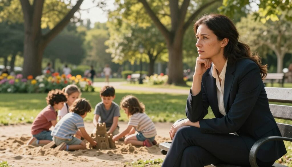 A serene, introspective scene depicting the impact of childhood experiences on adult relationships. In the foreground, a thoughtful adult woman sits on a park bench, her expression reflecting deep contemplation. She wears professional attire, symbolizing maturity and emotional depth. In the middle ground, a small group of playful children engage with each other joyfully, showcasing trust and innocence as they build sandcastles together. In the background, a lush, sunlit park landscape filled with tall trees and softly blooming flowers evokes a sense of nostalgia and warmth. The lighting is soft and golden, suggesting late afternoon sunshine, creating a calm and reflective atmosphere. The composition should have a slightly blurred depth of field to focus on the emotional connection between the figures while inviting the viewer to reflect on the theme of trust shaped by early experiences.