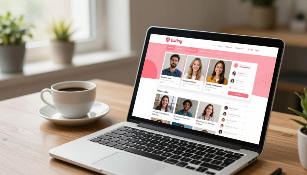 A serene, inviting online dating portal interface displayed on a stylish laptop at a cozy workspace. In the foreground, the laptop screen reveals a colorful, user-friendly dashboard, showcasing profile photos and conversation threads. In the middle, a warm cup of coffee rests beside the laptop, contributing to a comfortable atmosphere. The background features soft natural light streaming in through a window adorned with potted plants, highlighting the theme of connection and support. The overall mood is optimistic and reassuring, symbolizing a safe space for individuals seeking understanding and companionship. The composition is focused from a slightly elevated angle, emphasizing the laptop and workspace while maintaining a clean, uncluttered aesthetic.