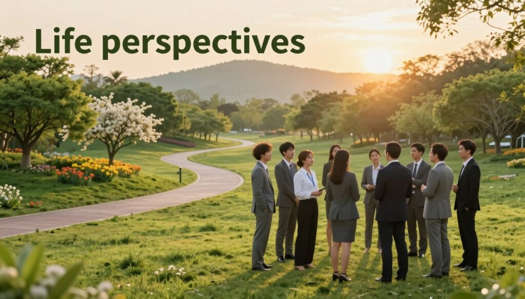 A serene landscape depicting the concept of "life perspectives." In the foreground, a diverse group of people in professional business attire stand together, engaged in thoughtful conversation, symbolizing connection and understanding. In the middle ground, a winding path leads through a lush, green park, with blooming flowers and trees, representing growth and positive change. In the background, a soft sunrise casts a warm, golden light over gentle hills, conveying hope and tranquility. The scene embodies a harmonious and peaceful atmosphere, with soft shadows and bright highlights, creating a sense of optimism for a full and calm life.