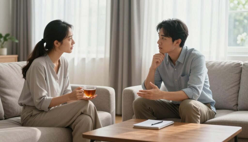 A serene, modern living room setting that depicts a couple engaged in a respectful discussion about boundaries. In the foreground, the partners are seated on a comfortable couch, both wearing professional yet casual attire. The woman holds a cup of tea, while the man gestures thoughtfully, creating an intimate and open atmosphere. In the middle ground, a wooden coffee table with a notepad and a pen suggests an organized approach to communication. The background features soft, natural light streaming through large windows adorned with sheer curtains, casting gentle shadows that evoke a calm ambiance. The overall mood is one of understanding and clarity, symbolizing healthy partnership dynamics and the important role of boundary-setting in everyday life.