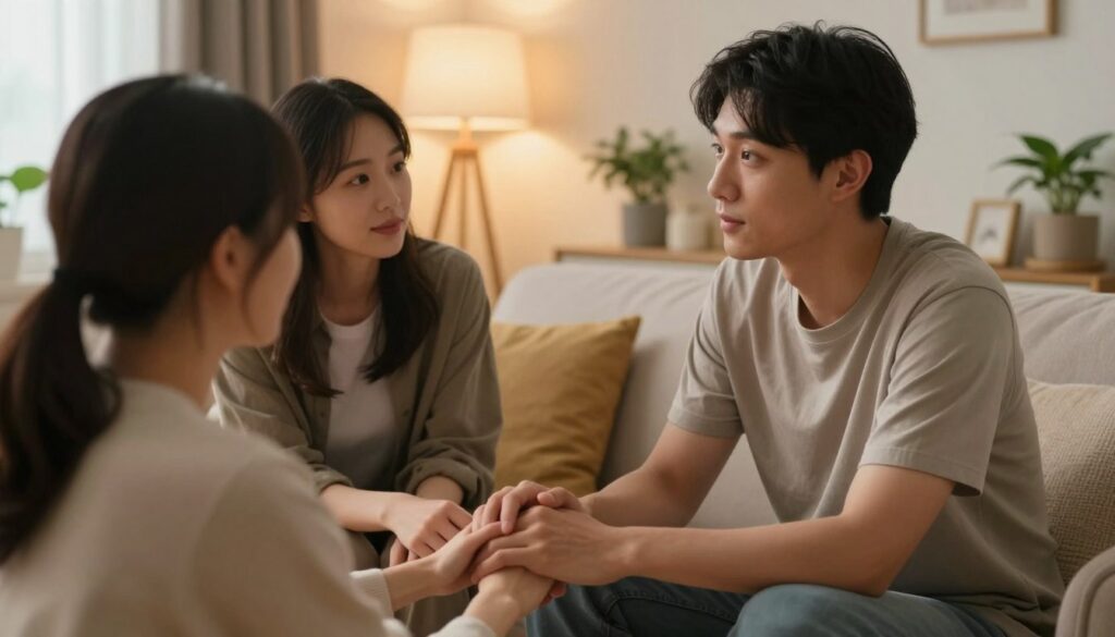 A serene moment between two individuals, a man and a woman, sitting together in a cozy living room. The foreground features their hands gently clasped, symbolizing support and connection. In the middle, the couple is engaging in conversation, both wearing casual but modest clothing, with soft expressions reflecting patience and understanding. The background showcases warm lighting from a nearby lamp, creating an inviting atmosphere. Soft colors dominate the room, with plants and comfortable furniture enhancing the sense of safety and comfort. The mood is calm and supportive, conveying empathy and love in a relationship, highlighting the importance of patience and care. The camera angle is slightly elevated, capturing both subjects and the intimate environment around them.