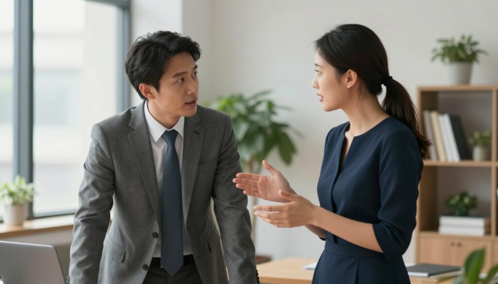 A serene office setting featuring a male and female professional engaged in a dynamic conversation, embodying the harmonious relationship dynamics between the genders. The man, wearing a tailored grey suit with a neatly pressed tie, leans slightly forward, showing engagement. The woman, in a stylish yet professional navy dress, is animatedly expressing an idea with her hands. The background includes soft-focus modern office decor, such as a bookshelf and a potted plant, adding a touch of warmth. Soft, natural light filters through a large window, casting gentle shadows and creating a calm atmosphere. The camera angle is slightly above eye level, capturing their expressions and interaction from a candid perspective, evoking feelings of collaboration and mutual respect. A serene office setting featuring a male and female professional engaged in a dynamic conversation, embodying the harmonious relationship dynamics between the genders. The man, wearing a tailored grey suit with a neatly pressed tie, leans slightly forward, showing engagement. The woman, in a stylish yet professional navy dress, is animatedly expressing an idea with her hands. The background includes soft-focus modern office decor, such as a bookshelf and a potted plant, adding a touch of warmth. Soft, natural light filters through a large window, casting gentle shadows and creating a calm atmosphere. The camera angle is slightly above eye level, capturing their expressions and interaction from a candid perspective, evoking feelings of collaboration and mutual respect.