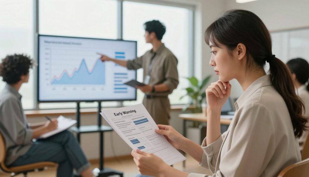 A serene office setting focusing on a diverse group of professionals analyzing charts and notes related to mental health indicators. In the foreground, a thoughtful woman in smart casual attire closely examines a report with early warning signs of bipolar disorder relapse. The middle ground shows a man pointing at a graph on a large screen, displaying fluctuations in mood patterns, while another colleague takes notes. In the background, large windows let in soft, natural light, creating a calm atmosphere. The color palette is warm, emphasizing a sense of support and understanding. The overall mood conveys a professional, hopeful environment, highlighting the importance of recognizing early signs of relapse in mental health.