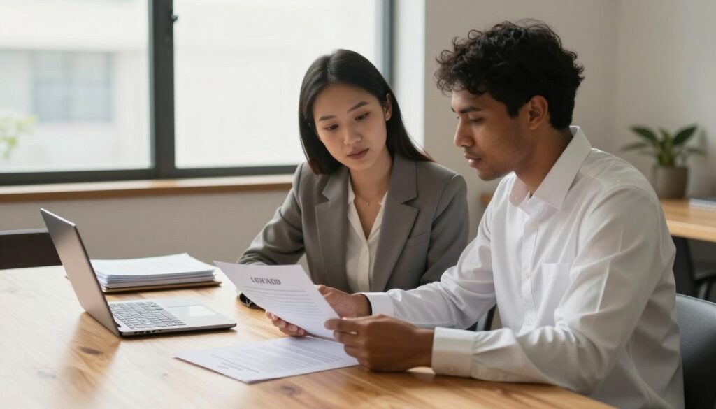 A serene office setting where a diverse couple sits at a wooden table, reviewing important legal documents. The foreground shows the couple, dressed in professional attire: the woman in a tailored blazer and the man in a crisp dress shirt. They appear engaged and attentive, with expressions reflecting deep conversation about their future. In the middle ground, a laptop and neatly stacked papers, including a will and contracts, symbolize their partnership planning. The background features a large window with soft, natural light streaming in, casting a warm glow across the room. The atmosphere is calm and focused, evoking a sense of trust and responsibility as they secure each other's futures. A serene office setting where a diverse couple sits at a wooden table, reviewing important legal documents. The foreground shows the couple, dressed in professional attire: the woman in a tailored blazer and the man in a crisp dress shirt. They appear engaged and attentive, with expressions reflecting deep conversation about their future. In the middle ground, a laptop and neatly stacked papers, including a will and contracts, symbolize their partnership planning. The background features a large window with soft, natural light streaming in, casting a warm glow across the room. The atmosphere is calm and focused, evoking a sense of trust and responsibility as they secure each other's futures.