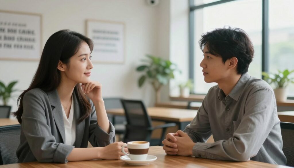 A serene office setting with two professional individuals seated across from each other at a wooden table, engaged in a heartfelt conversation. The foreground features their expressive facial expressions, showing trust and openness, with subtle gestures that convey active listening. In the middle ground, a warm cup of coffee sits between them, symbolizing comfort and connection. The background is softly blurred, showcasing a well-lit office space with motivational quotes on the walls and plants nurturing a calming atmosphere. Soft, natural lighting filters through the large window, creating a welcoming and intimate mood. The composition should evoke feelings of safety, trust, and effective communication, emphasizing the importance of dialogue in building relationships.