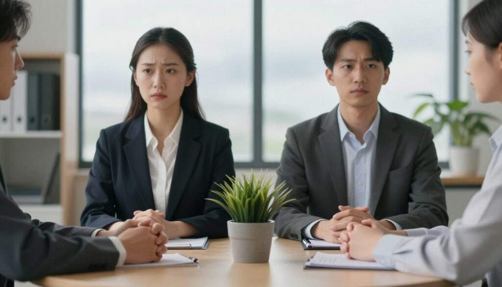 A serene office space featuring a couple sitting at a round table, looking away from each other, illustrating emotional distance. The foreground shows a close-up of their hands, creating a barrier with a small potted plant between them, symbolizing separation. In the middle, the couple, dressed in professional business attire, appears tense and contemplative, with soft expressions hinting at unvoiced feelings. The background features blurred office elements, like bookshelves and a large window showing a cloudy sky, reinforcing a somber mood. The lighting is soft and diffused, creating a calm yet heavy atmosphere, evoking feelings of disconnect and introspection, while maintaining a professional and respectful presentation.
