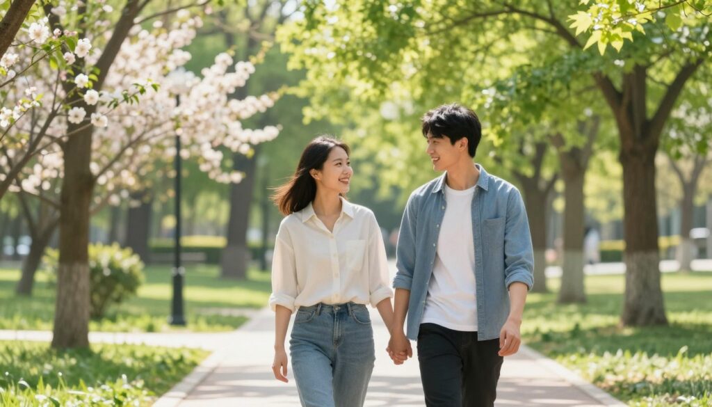 A serene outdoor scene featuring a young couple, both dressed in modest casual clothing, walking hand in hand along a lush park pathway. In the foreground, they are engaged in a heartfelt conversation, with smiles reflecting joy and growth. The middle ground reveals vibrant green trees and blooming flowers, symbolizing renewal and the blossoming of a new relationship. In the background, soft sunlight filters through the leaves, creating dappled light patterns on the ground, adding warmth to the scene. The overall mood is hopeful and positive, emphasizing the theme of new beginnings and personal development within a relationship. The image should be bright and inviting, capturing the essence of stepping into a new chapter with optimism. A serene outdoor scene featuring a young couple, both dressed in modest casual clothing, walking hand in hand along a lush park pathway. In the foreground, they are engaged in a heartfelt conversation, with smiles reflecting joy and growth. The middle ground reveals vibrant green trees and blooming flowers, symbolizing renewal and the blossoming of a new relationship. In the background, soft sunlight filters through the leaves, creating dappled light patterns on the ground, adding warmth to the scene. The overall mood is hopeful and positive, emphasizing the theme of new beginnings and personal development within a relationship. The image should be bright and inviting, capturing the essence of stepping into a new chapter with optimism.